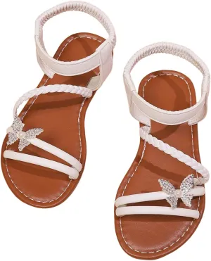 GORGLITTER Girl's Sandals Dressy Leather Butterfly Braided Rhinestone Glitter Summer Beach Ankle Strap Flat Sandals