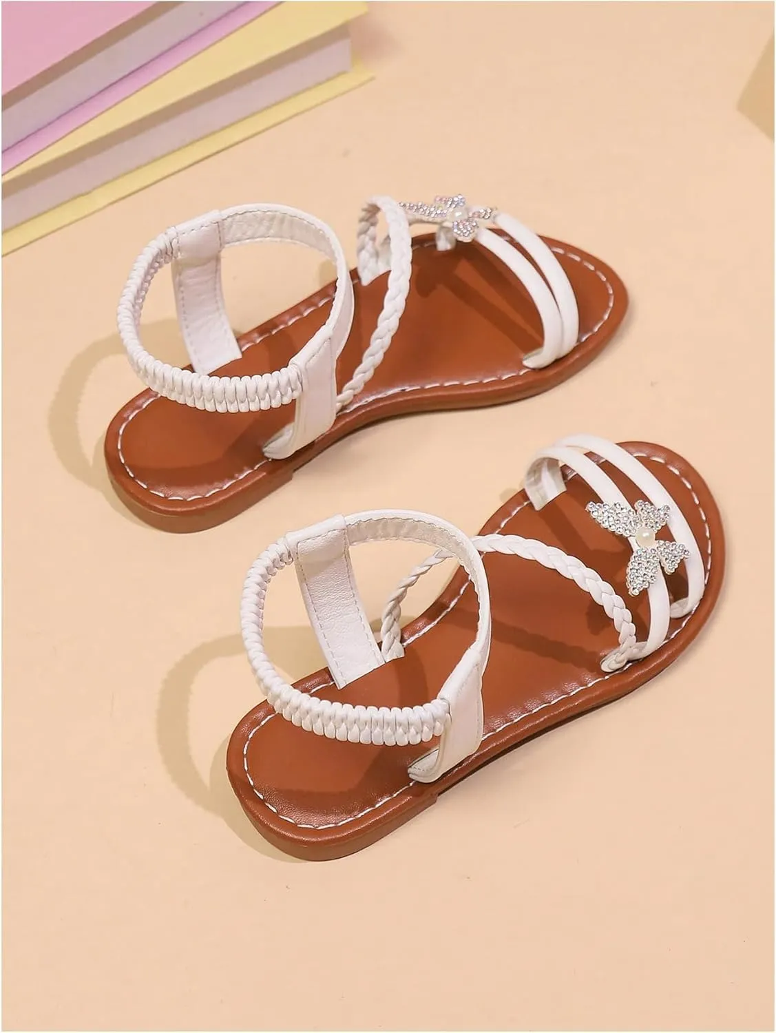 GORGLITTER Girl's Sandals Dressy Leather Butterfly Braided Rhinestone Glitter Summer Beach Ankle Strap Flat Sandals