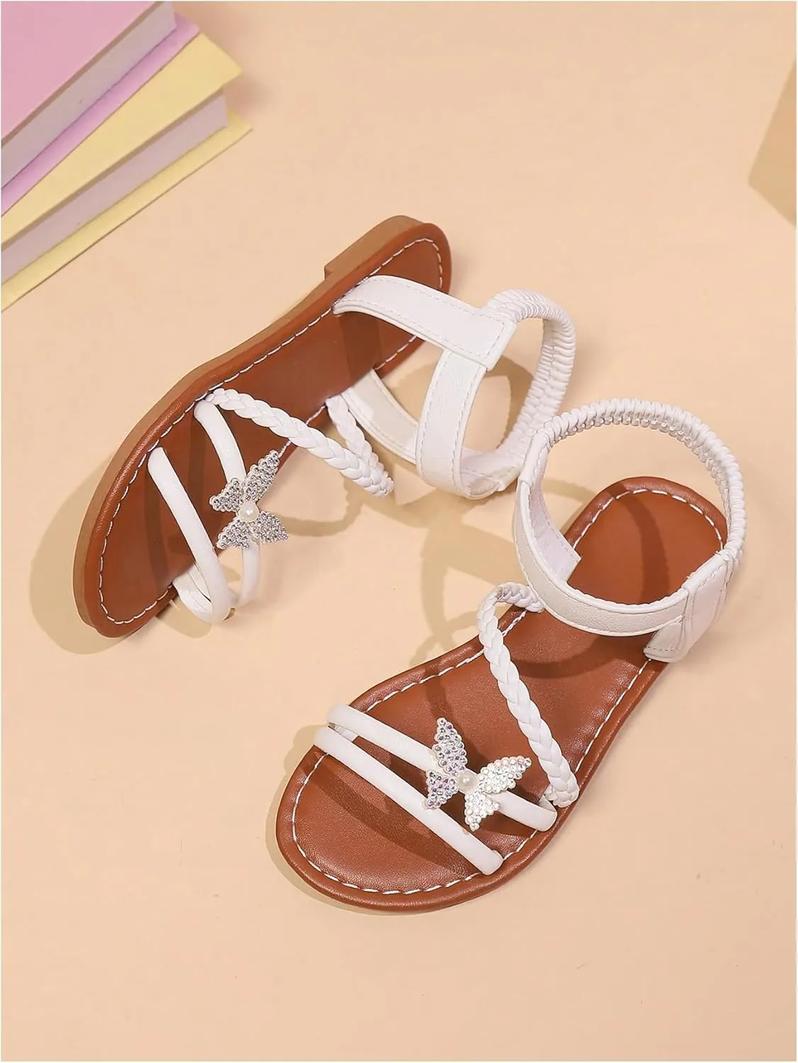 GORGLITTER Girl's Sandals Dressy Leather Butterfly Braided Rhinestone Glitter Summer Beach Ankle Strap Flat Sandals