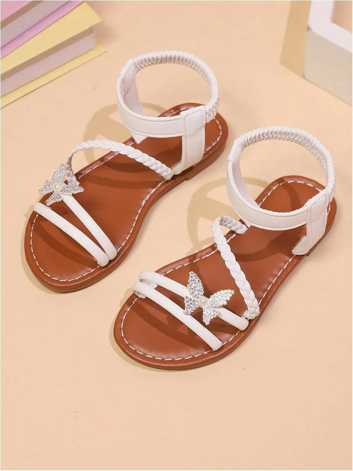 GORGLITTER Girl's Sandals Dressy Leather Butterfly Braided Rhinestone Glitter Summer Beach Ankle Strap Flat Sandals