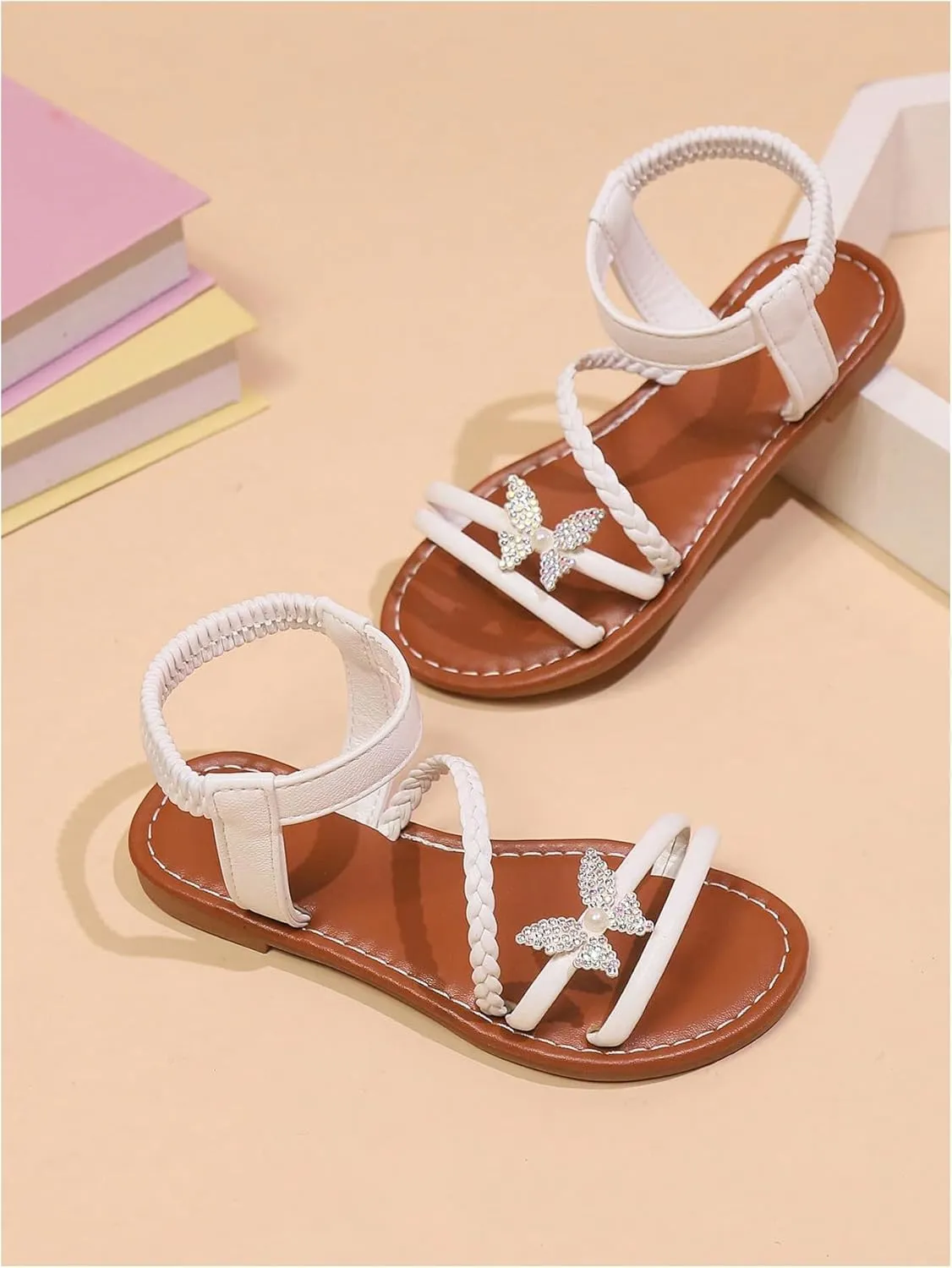 GORGLITTER Girl's Sandals Dressy Leather Butterfly Braided Rhinestone Glitter Summer Beach Ankle Strap Flat Sandals