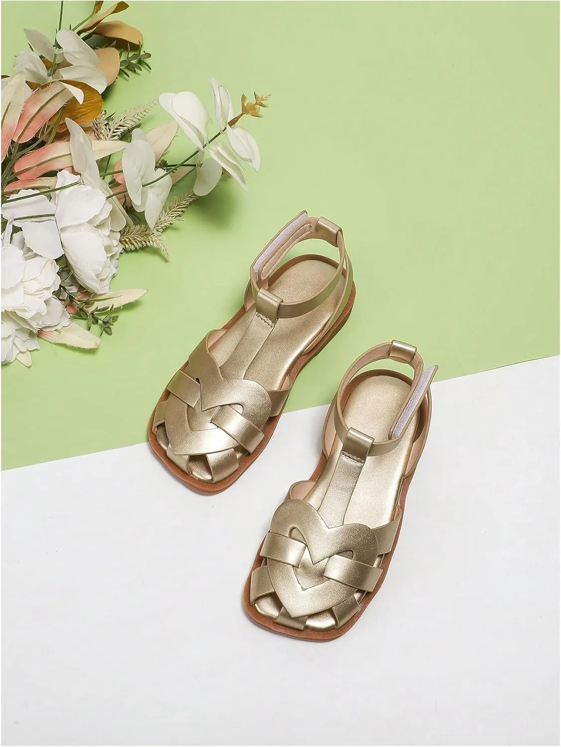GORGLITTER Girl's Sandals Metallic Leather Flat Sandals Dressy Ankle Strap Cute Summer Wedding Vacation Sandals 2025