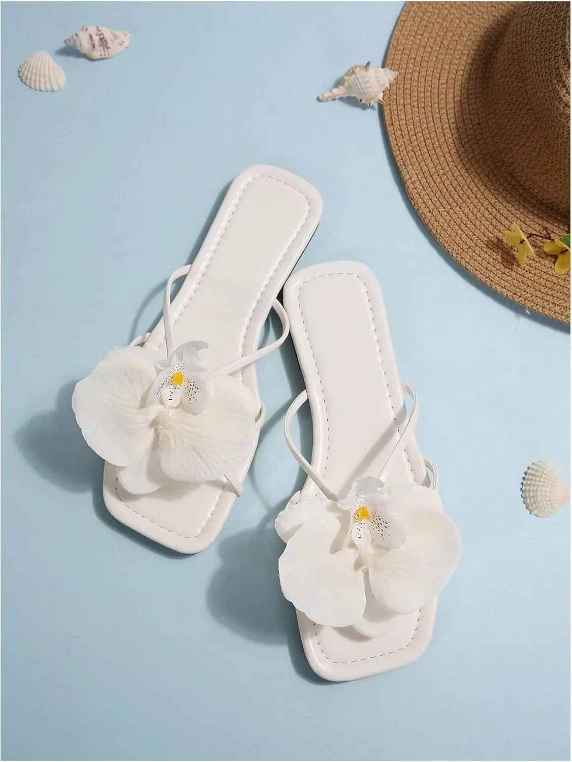 GORGLITTER Women's 3D Flower Sandals Dressy Criss Cross Floral Flat Sandals Square Open Toe Summer Beach Sandals