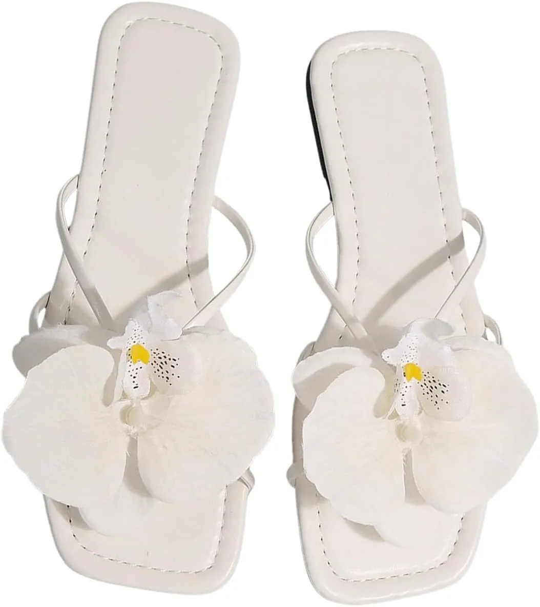 GORGLITTER Women's 3D Flower Sandals Dressy Criss Cross Floral Flat Sandals Square Open Toe Summer Beach Sandals