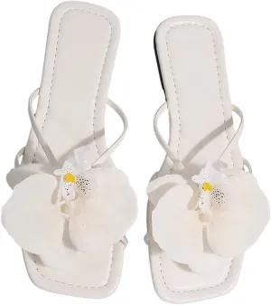GORGLITTER Women's 3D Flower Sandals Dressy Criss Cross Floral Flat Sandals Square Open Toe Summer Beach Sandals