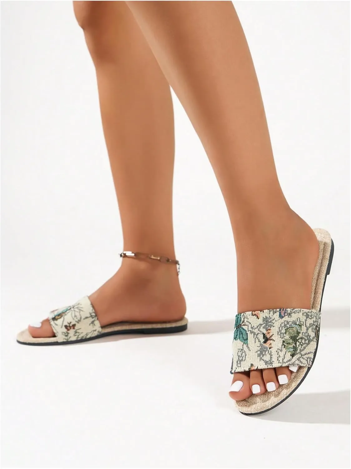 GORGLITTER Women's Boho Flat Sandals Embroidered Open Toe Slip on Beach Slides