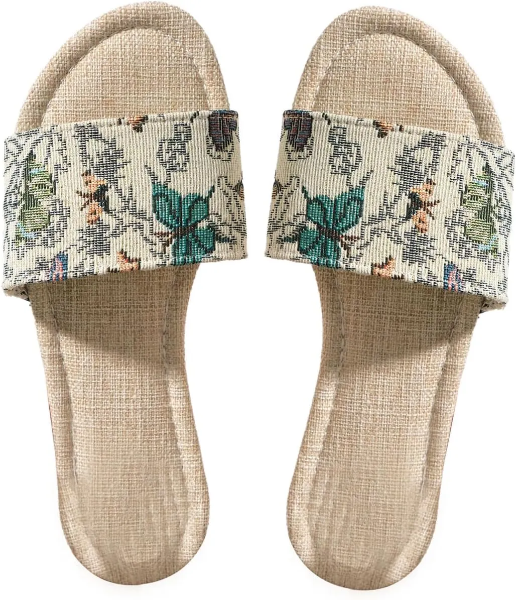 GORGLITTER Women's Boho Flat Sandals Embroidered Open Toe Slip on Beach Slides