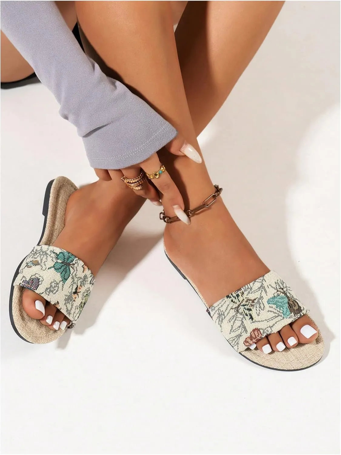 GORGLITTER Women's Boho Flat Sandals Embroidered Open Toe Slip on Beach Slides