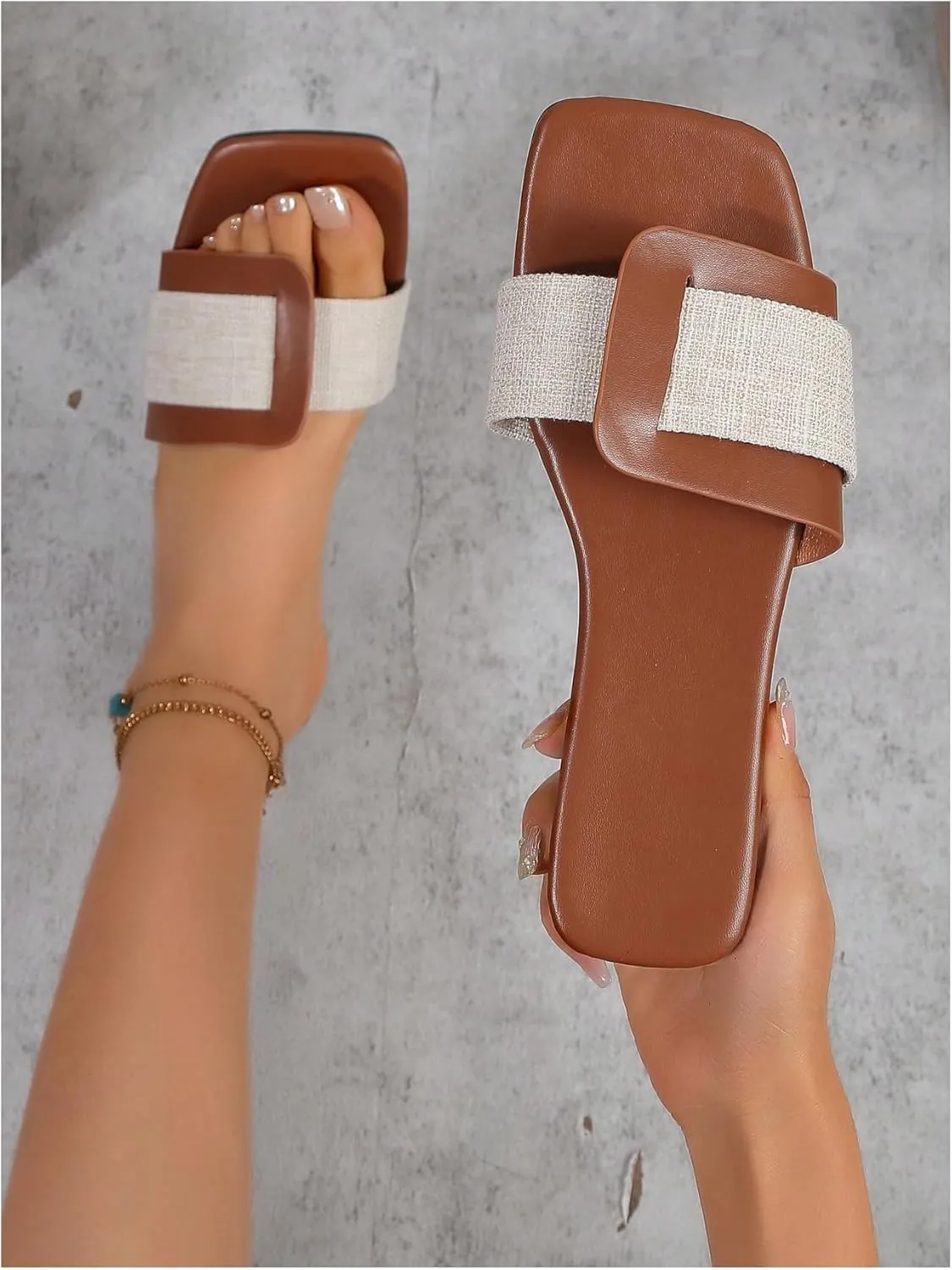 GORGLITTER Women's Color Block Flat Sandals Square Open Toe Summer Dressy Slides