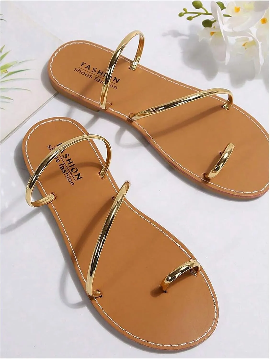 GORGLITTER Women's Metallic Open Toe Strappy Flat Sandals Slip on Toe Ring Slide Sandals
