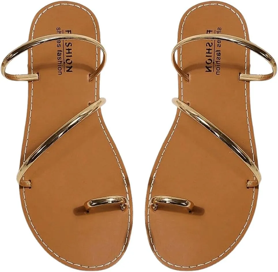 GORGLITTER Women's Metallic Open Toe Strappy Flat Sandals Slip on Toe Ring Slide Sandals