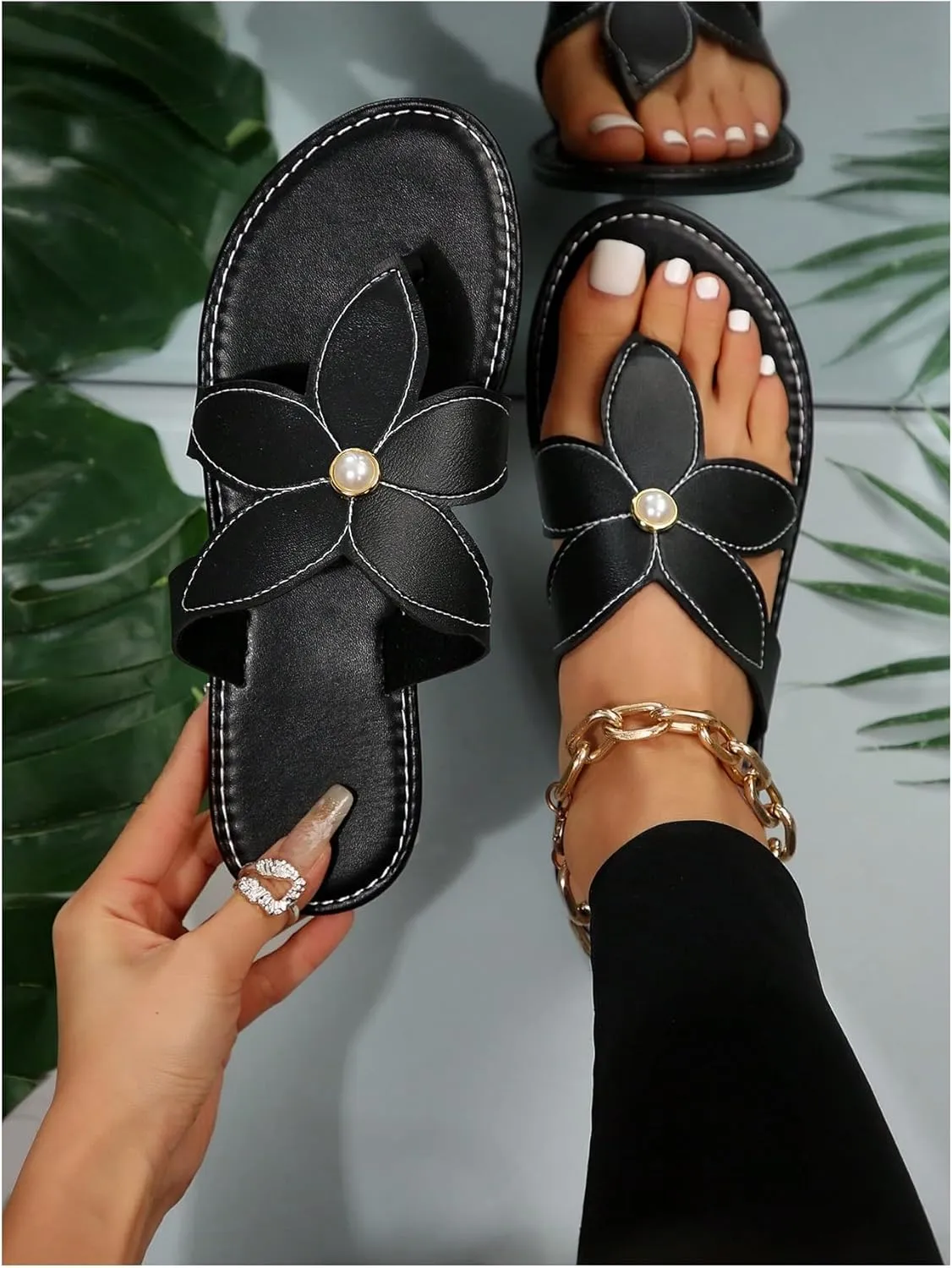 GORGLITTER Women's Pearls Floral Thong Sandals Open Toe Flip Flops Pu Leather Dressy Slippers