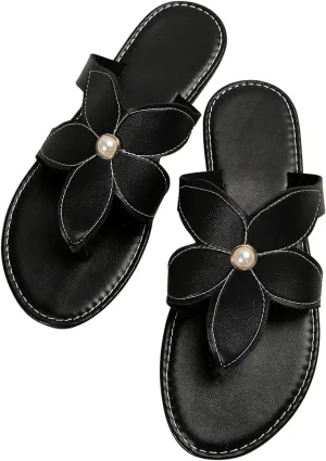 GORGLITTER Women's Pearls Floral Thong Sandals Open Toe Flip Flops Pu Leather Dressy Slippers