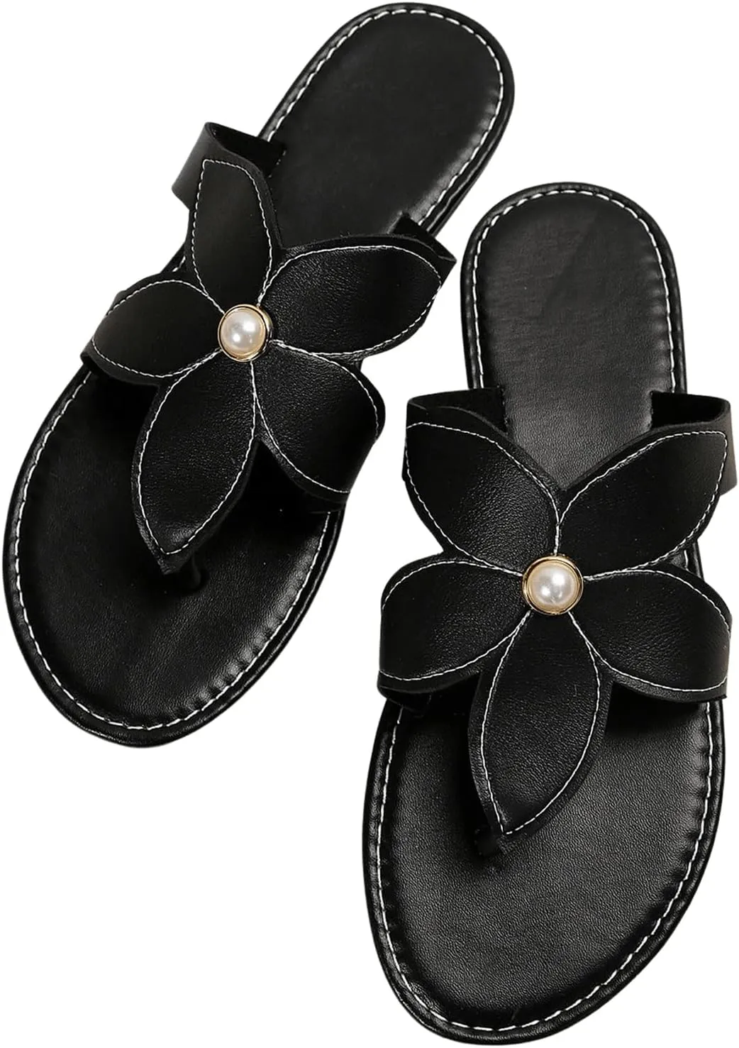 GORGLITTER Women's Pearls Floral Thong Sandals Open Toe Flip Flops Pu Leather Dressy Slippers