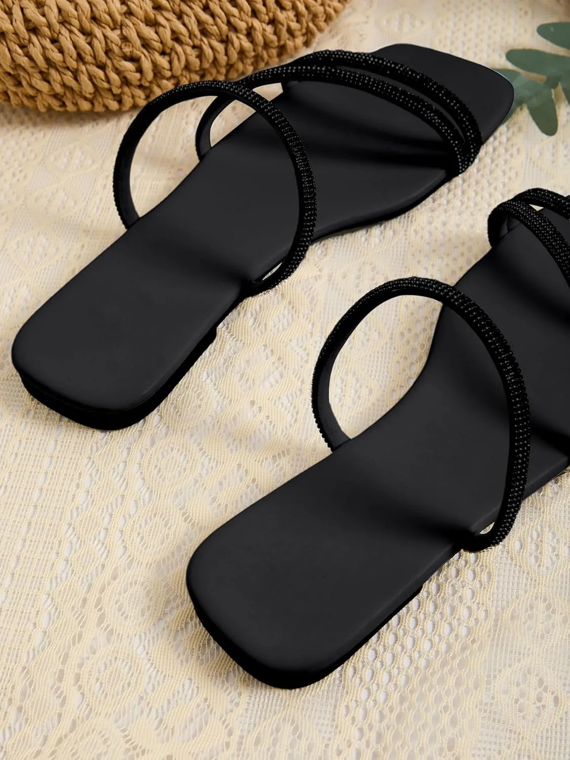 GORGLITTER Women's Rhinestone Flat Sandals Strappy Slip on Open Toe Slide Sandals