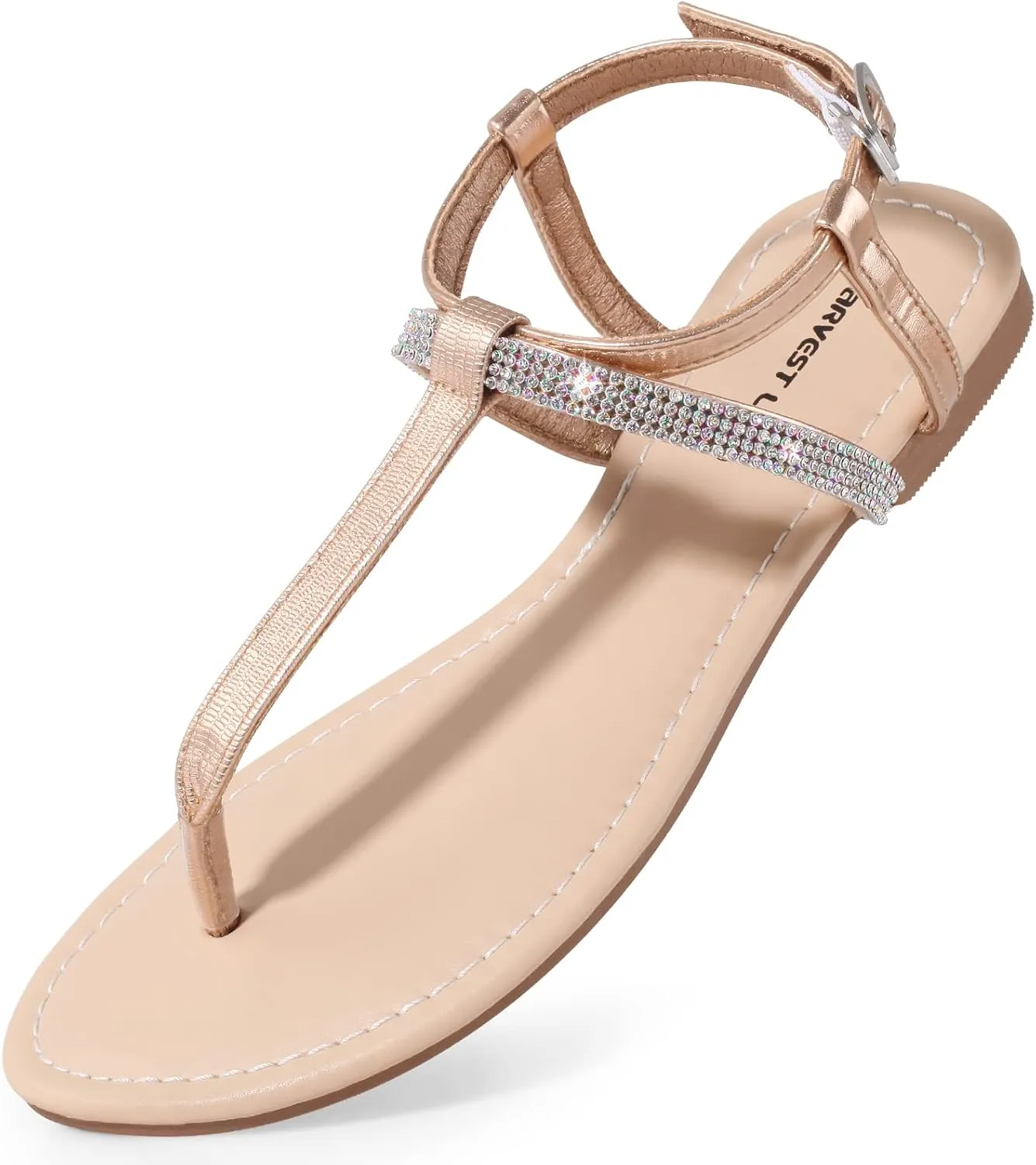 Harvest Land Women's Sandals Dressy T Strap with Rhinestone Sparkly Wedding Flat Sandals Ankle Strap Summer Gladiator Fashion Shoes