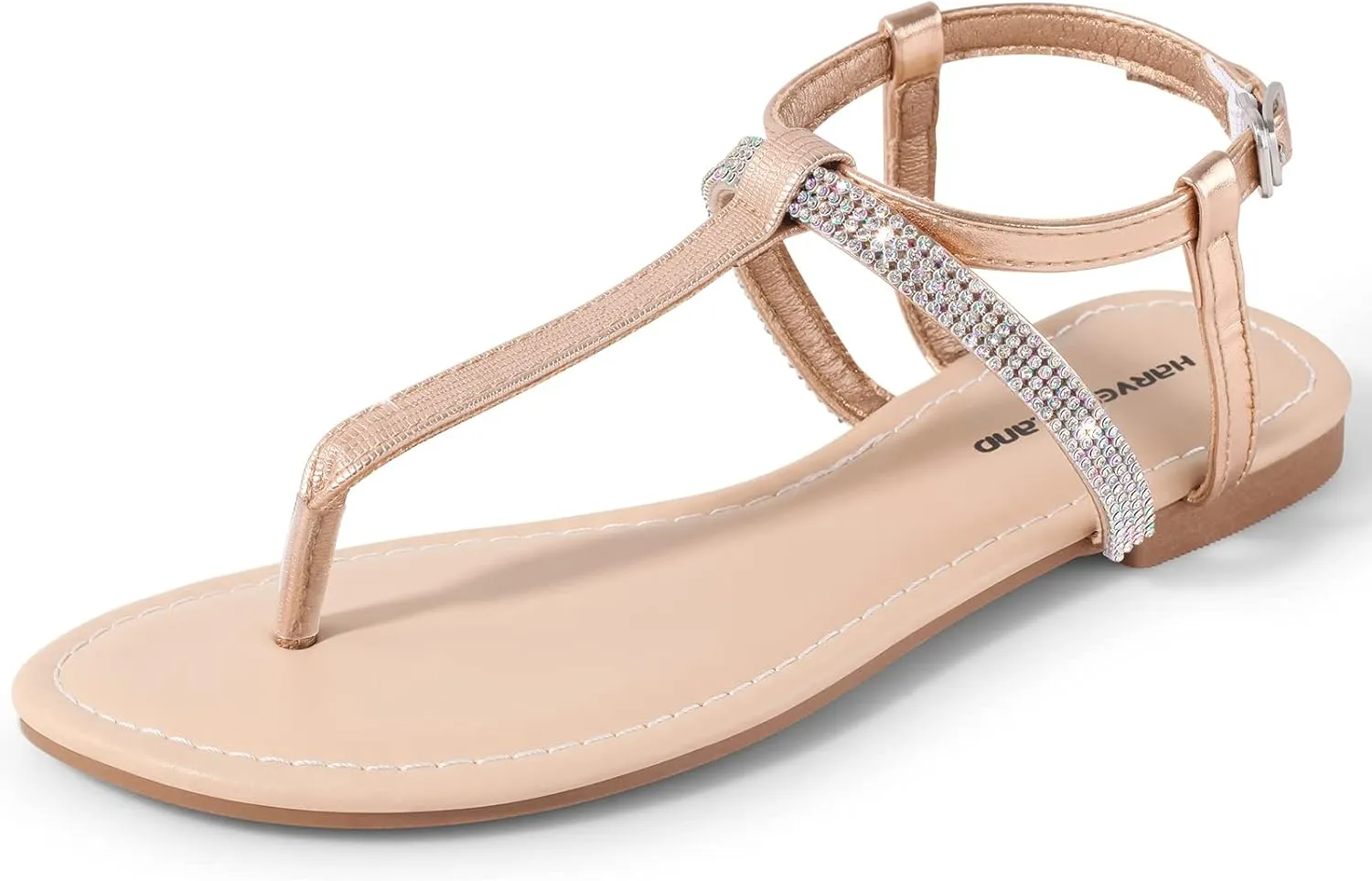 Harvest Land Women's Sandals Dressy T Strap with Rhinestone Sparkly Wedding Flat Sandals Ankle Strap Summer Gladiator Fashion Shoes