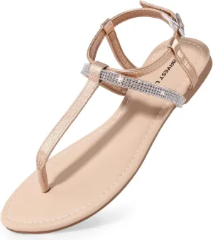 Harvest Land Women's Sandals Dressy T Strap with Rhinestone Sparkly Wedding Flat Sandals Ankle Strap Summer Gladiator Fashion Shoes