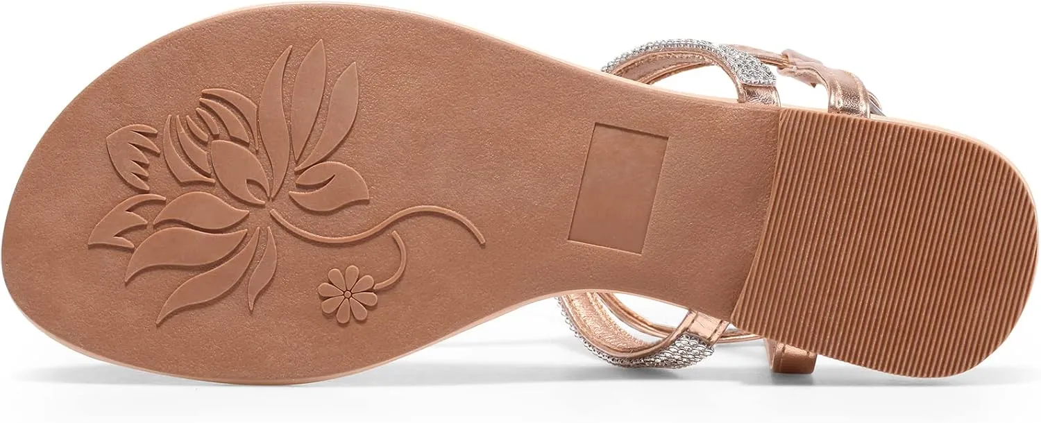 Harvest Land Women's Sandals Dressy T Strap with Rhinestone Sparkly Wedding Flat Sandals Ankle Strap Summer Gladiator Fashion Shoes