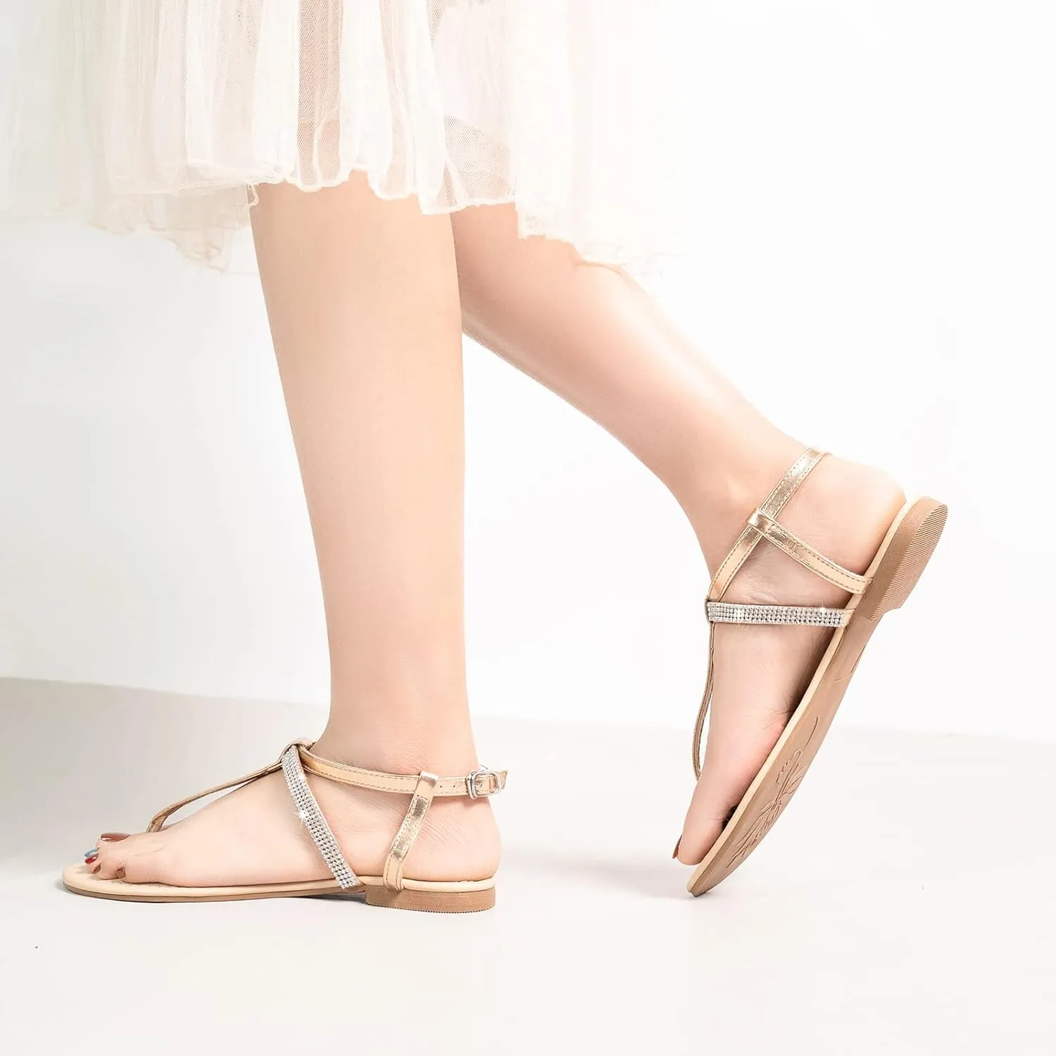Harvest Land Women's Sandals Dressy T Strap with Rhinestone Sparkly Wedding Flat Sandals Ankle Strap Summer Gladiator Fashion Shoes