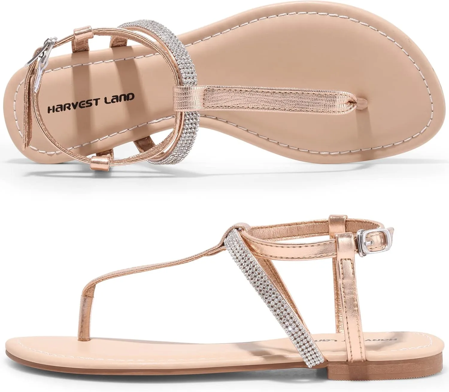 Harvest Land Women's Sandals Dressy T Strap with Rhinestone Sparkly Wedding Flat Sandals Ankle Strap Summer Gladiator Fashion Shoes