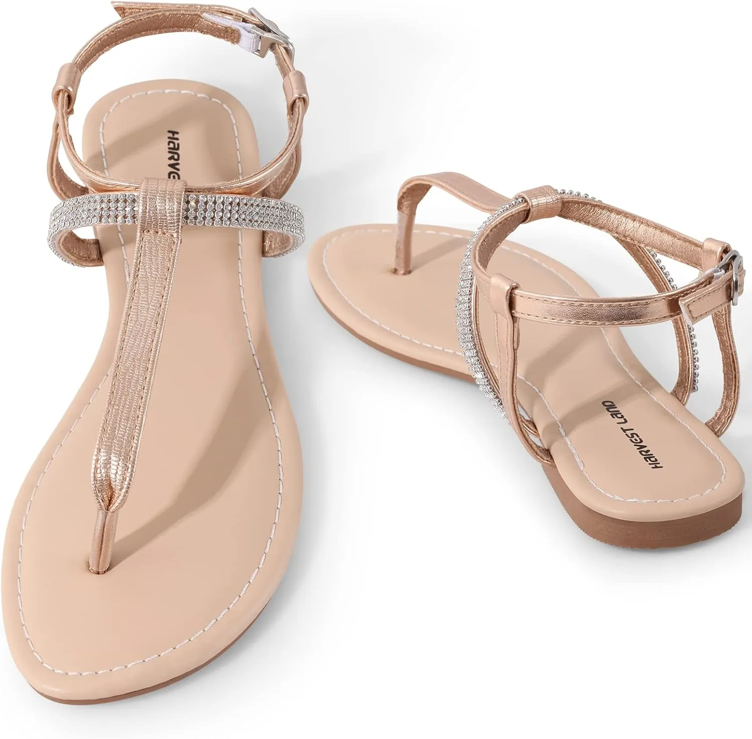 Harvest Land Women's Sandals Dressy T Strap with Rhinestone Sparkly Wedding Flat Sandals Ankle Strap Summer Gladiator Fashion Shoes