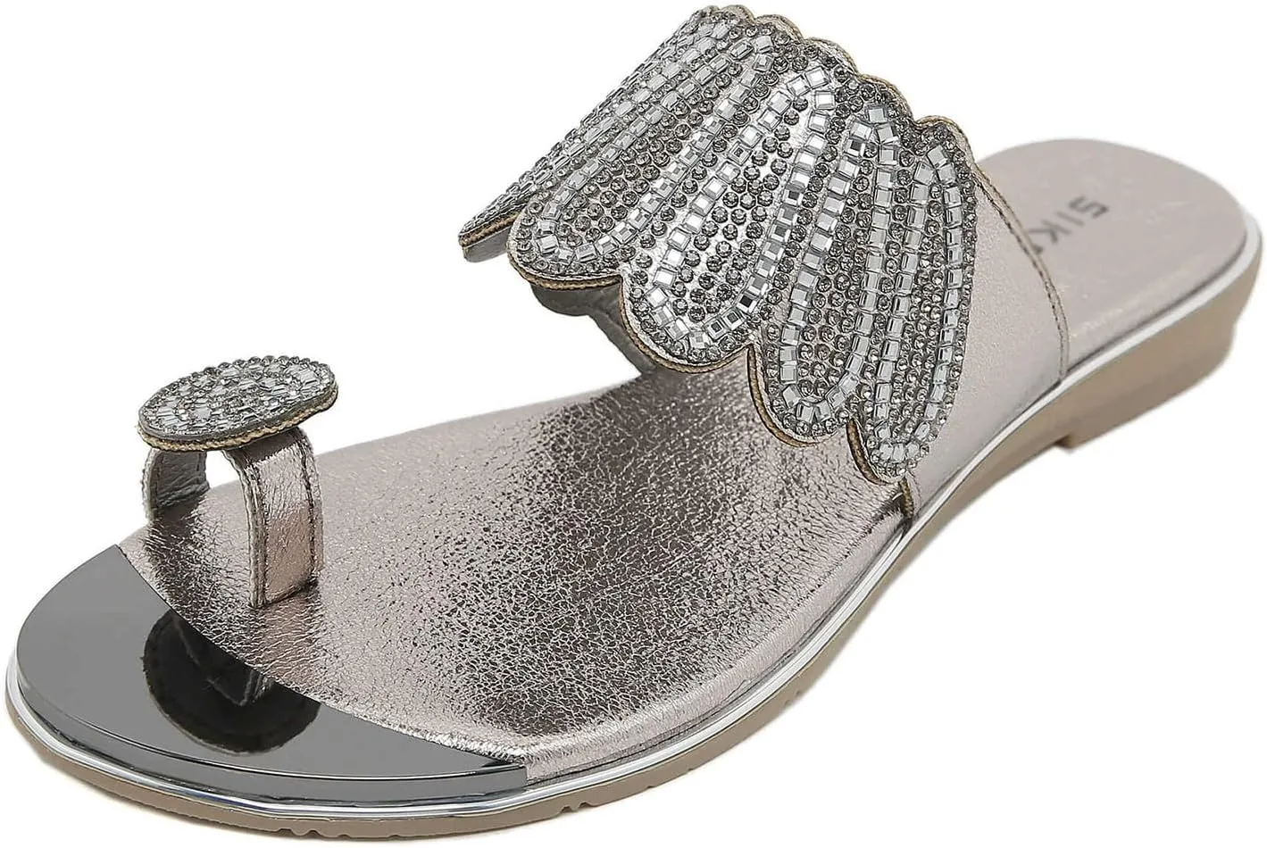 Helenbra Women's Rhinestones Toe Ring Flat Slide Sandals,Summer Fashion Sparkly Crystal Studded Open Toe Flip Flops Comfortable Slip-on Bohemian Outdoor Vacation Beach Slippers