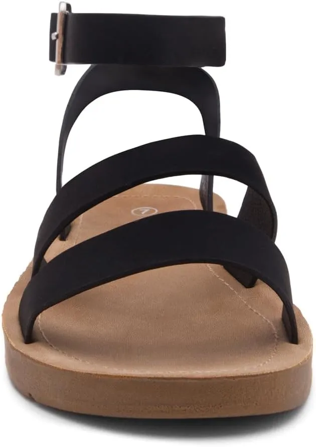 Herstyle Needed Me Women's Flat Sandals, Open Toe Two Bands with Ankle Strap and Buckle, Lightweight Sandals with Cushioned Footbed for Summer Walking and Daily Wear