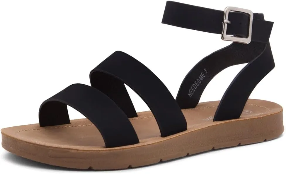 Herstyle Needed Me Women's Flat Sandals, Open Toe Two Bands with Ankle Strap and Buckle, Lightweight Sandals with Cushioned Footbed for Summer Walking and Daily Wear