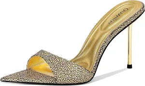 High Heel Mules for Women Pointed Toe Slip On Design with 3.7 Inch Metal Stiletto Heel and Soft Padded Insole in Iridescent Gold for Parties or Date Night