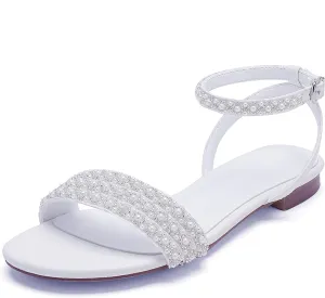 Hyinlays Women's Flat Heels with Pearls Slingback Boho Wedding Sandals Open Toe Ankle Strap Prom Evening Party Summer Sandal Shoes