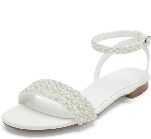 Hyinlays Women's Flat Heels with Pearls Slingback Boho Wedding Sandals Open Toe Ankle Strap Prom Evening Party Summer Sandal Shoes