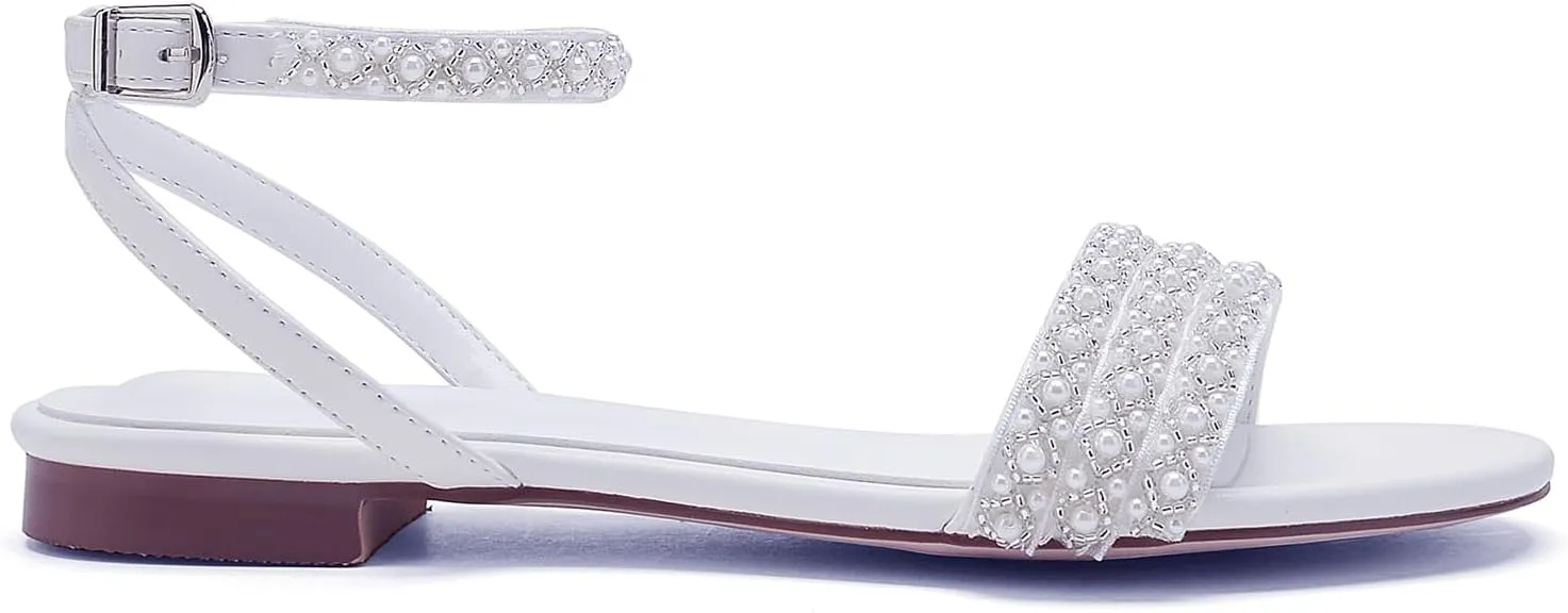 Hyinlays Women's Flat Heels with Pearls Slingback Boho Wedding Sandals Open Toe Ankle Strap Prom Evening Party Summer Sandal Shoes