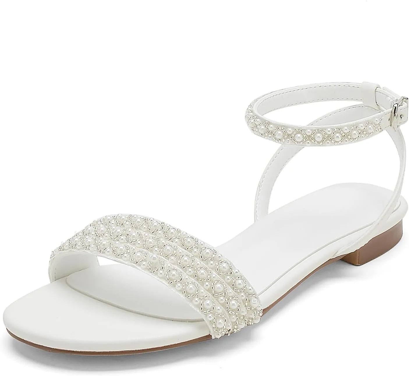 Hyinlays Women's Flat Heels with Pearls Slingback Boho Wedding Sandals Open Toe Ankle Strap Prom Evening Party Summer Sandal Shoes