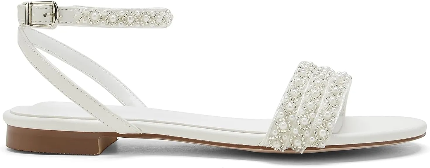 Hyinlays Women's Flat Heels with Pearls Slingback Boho Wedding Sandals Open Toe Ankle Strap Prom Evening Party Summer Sandal Shoes