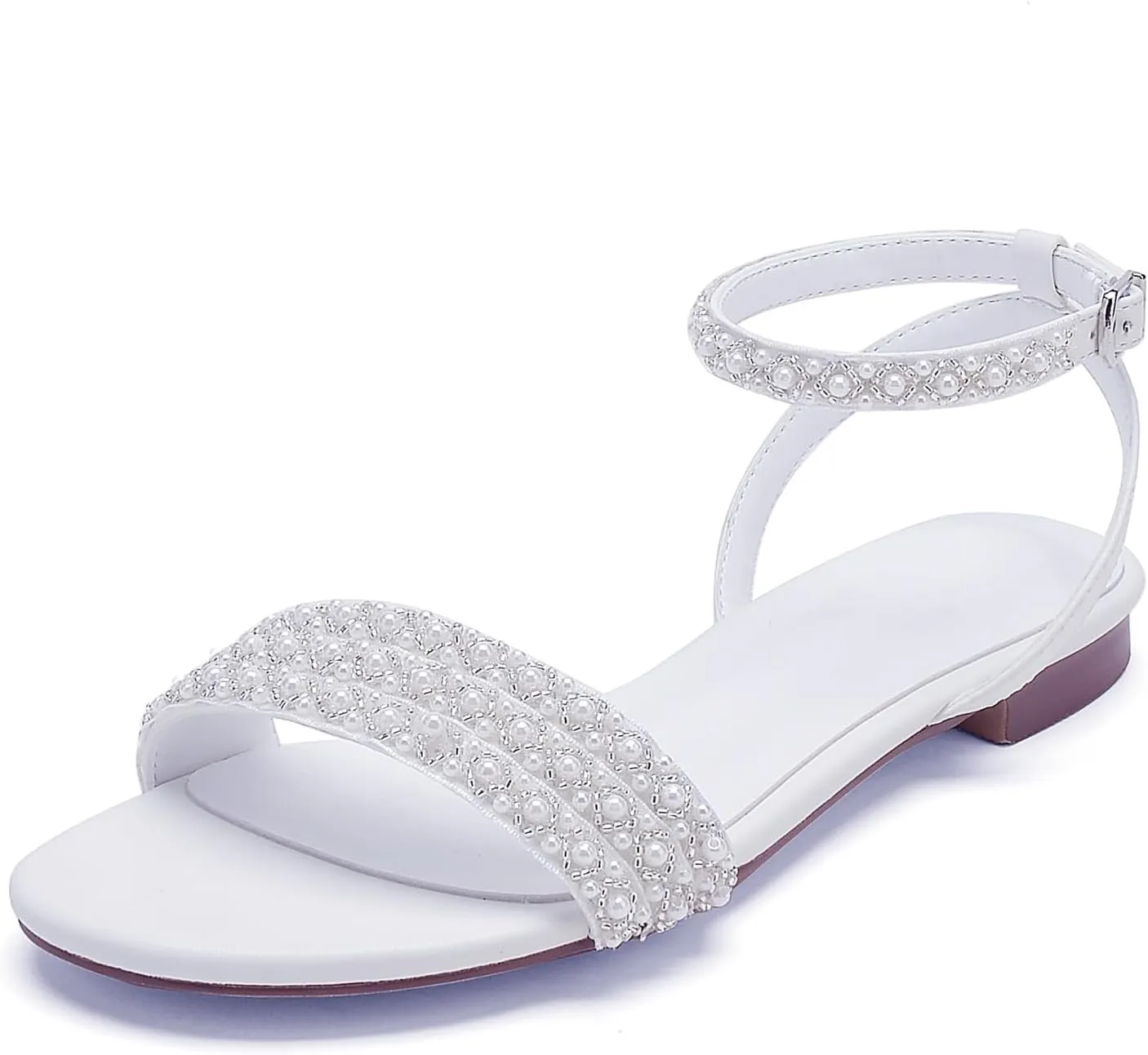 Hyinlays Women's Flat Heels with Pearls Slingback Boho Wedding Sandals Open Toe Ankle Strap Prom Evening Party Summer Sandal Shoes