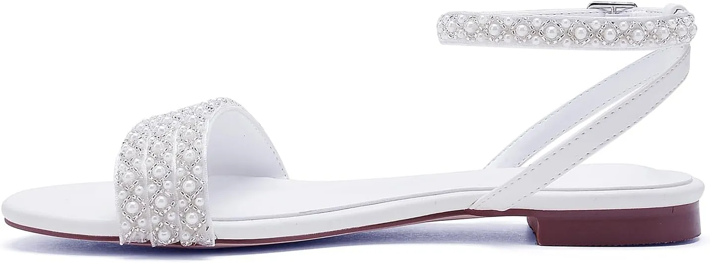 Hyinlays Women's Flat Heels with Pearls Slingback Boho Wedding Sandals Open Toe Ankle Strap Prom Evening Party Summer Sandal Shoes
