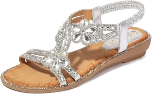 ICEGIA Women's Flat Sandals Summer Beach Sandal T-Strap Rhinestone Beaded Bohemia Shoes
