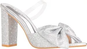 ILLUDE Women’s Chunky Block Heel with Bow Clear Pointed Toe Heeled Sandal Slip On Mule - Rosa
