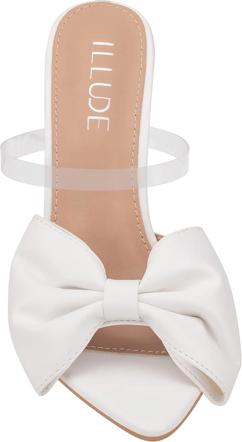 ILLUDE Women’s Chunky Block Heel with Bow Clear Pointed Toe Heeled Sandal Slip On Mule - Rosa