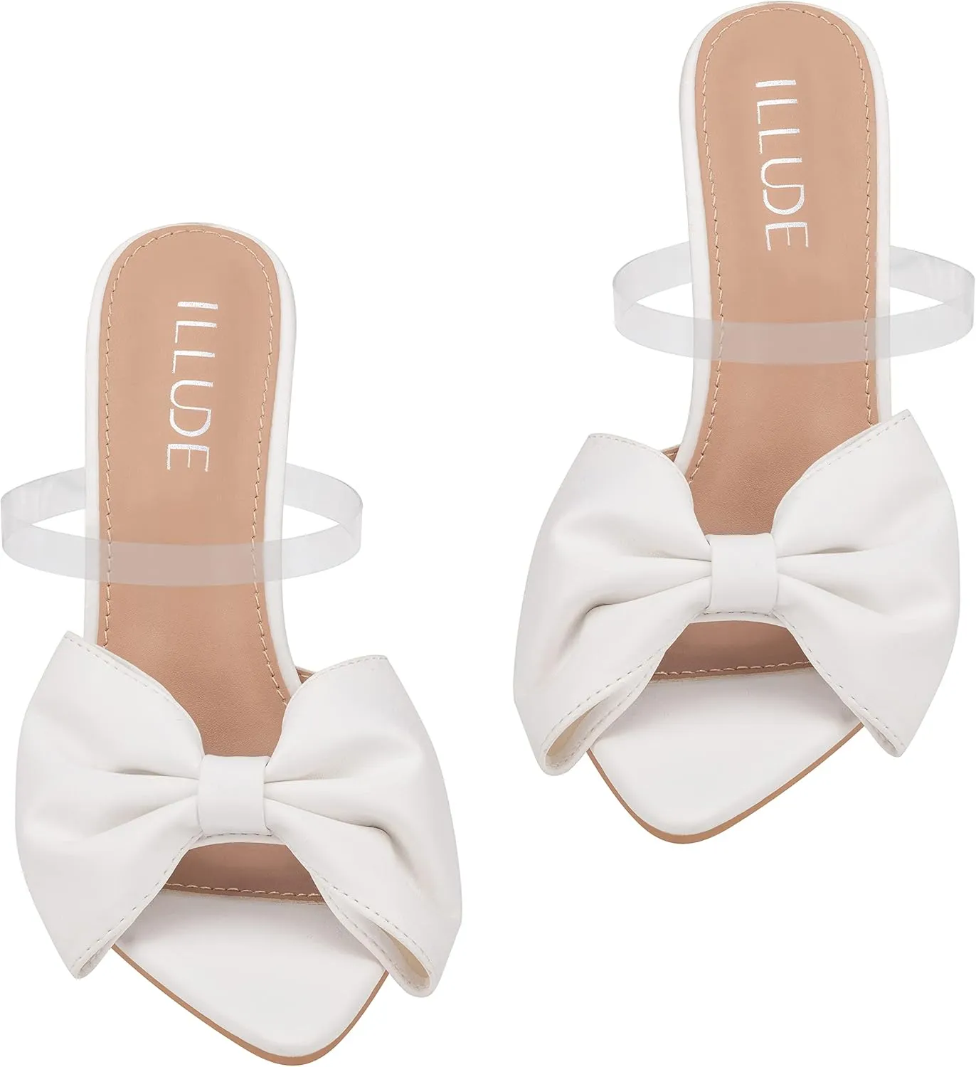 ILLUDE Women’s Chunky Block Heel with Bow Clear Pointed Toe Heeled Sandal Slip On Mule - Rosa