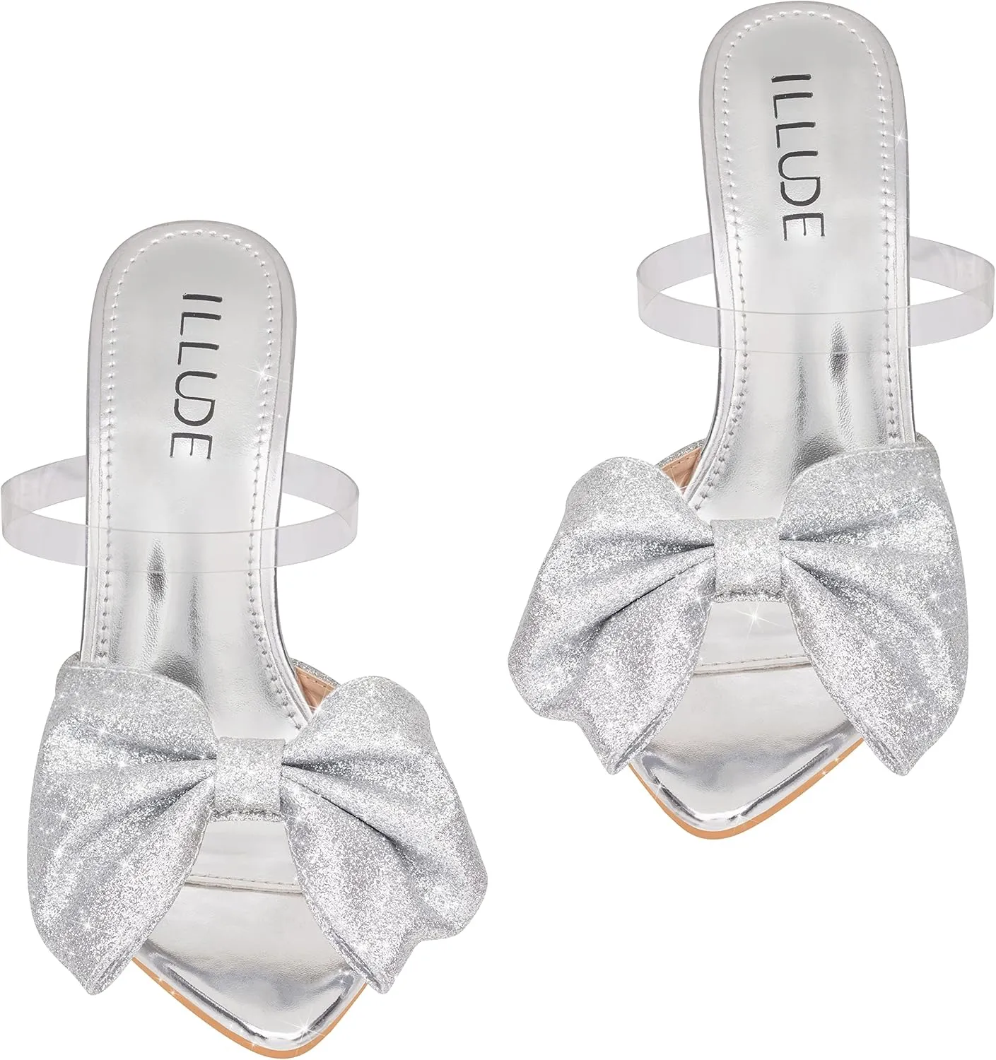 ILLUDE Women’s Chunky Block Heel with Bow Clear Pointed Toe Heeled Sandal Slip On Mule - Rosa