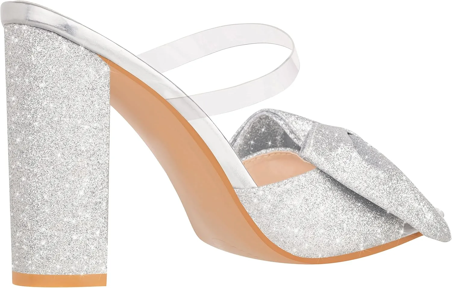 ILLUDE Women’s Chunky Block Heel with Bow Clear Pointed Toe Heeled Sandal Slip On Mule - Rosa