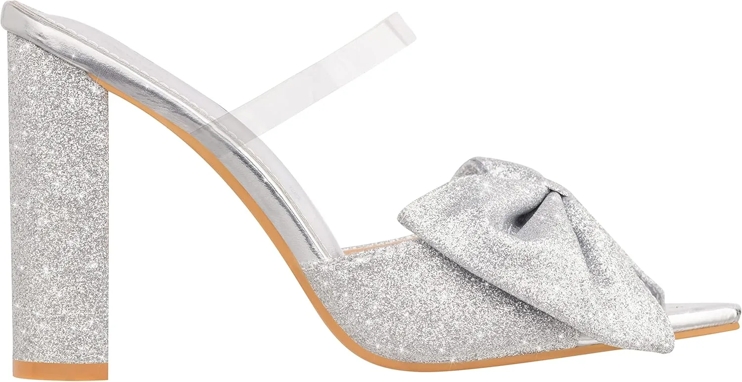 ILLUDE Women’s Chunky Block Heel with Bow Clear Pointed Toe Heeled Sandal Slip On Mule - Rosa