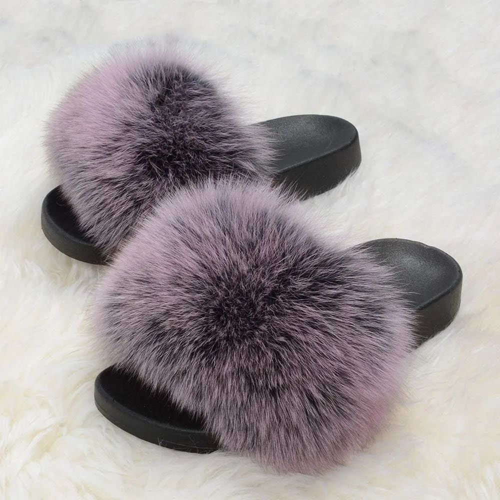 Jancoco Max Real Fox Fur Slides for Women - Fluffy Fur Slippers Open Toe Flat Sandals for Outdoor