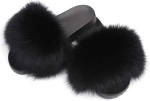 Jancoco Max Real Fox Fur Slides for Women - Fluffy Fur Slippers Open Toe Flat Sandals for Outdoor