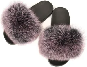 Jancoco Max Real Fox Fur Slides for Women - Fluffy Fur Slippers Open Toe Flat Sandals for Outdoor