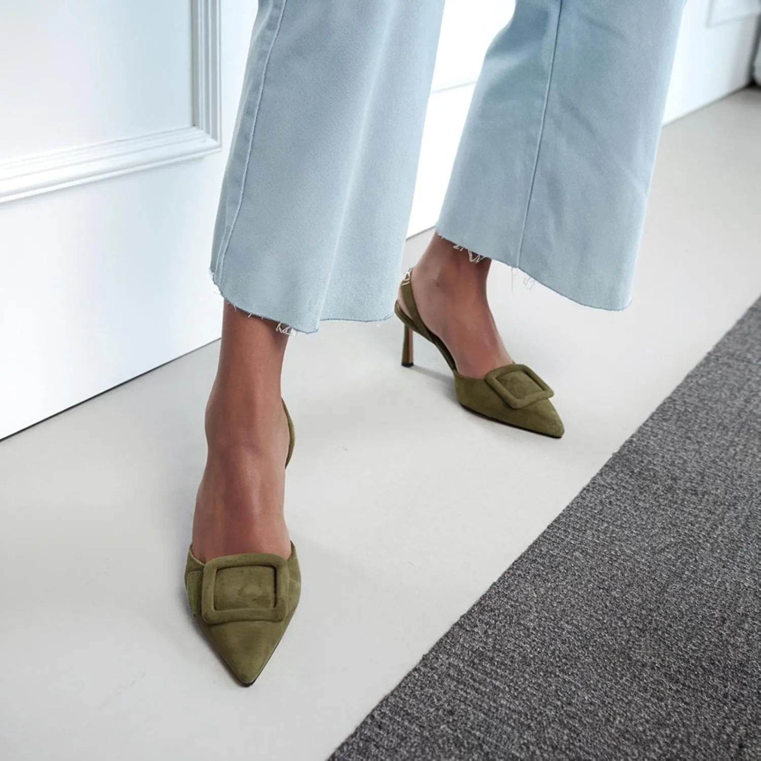 JORISTIMO Women's Slingback Pump Slip On High Heels Women's Pointed Toe Sandals Kitten Heel Pumps Closed Adjustable Elastic Evening Party Wedding Shoes Dress Heels for Casual