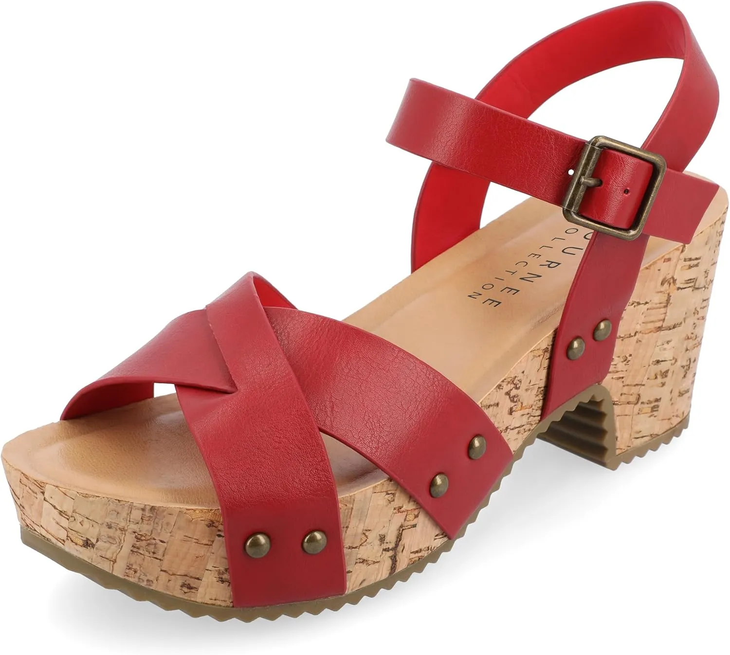 Journee Womens Crisscross Studded Chunky Block Cork Heel Buckle Ankle Strap Open Round Toe Valentina Platform
