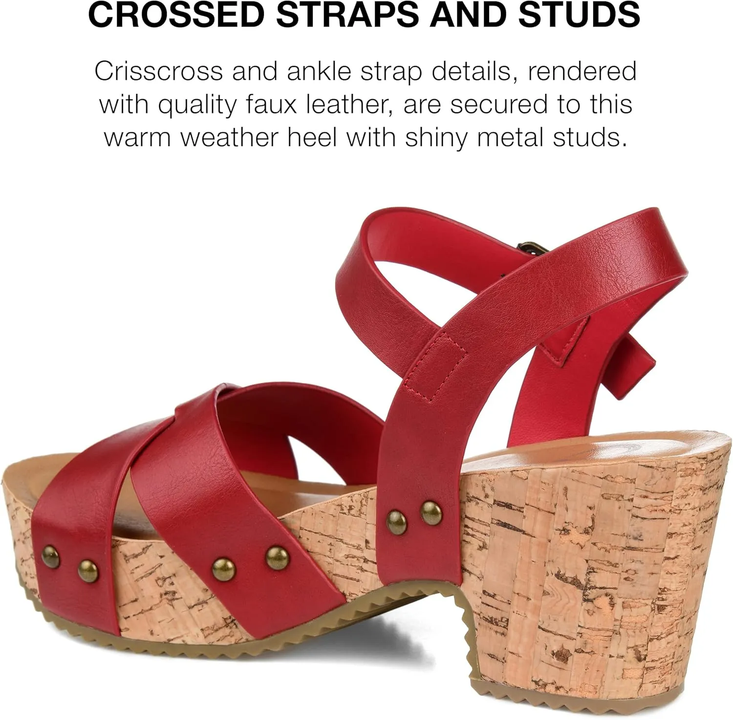 Journee Womens Crisscross Studded Chunky Block Cork Heel Buckle Ankle Strap Open Round Toe Valentina Platform